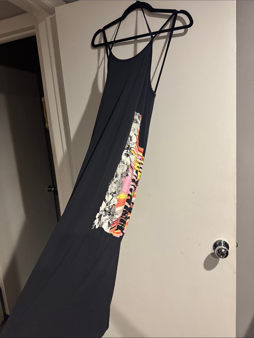 Roberto Cavalli Black Midi Slip Dress with Floral & Multicolor Side Panel